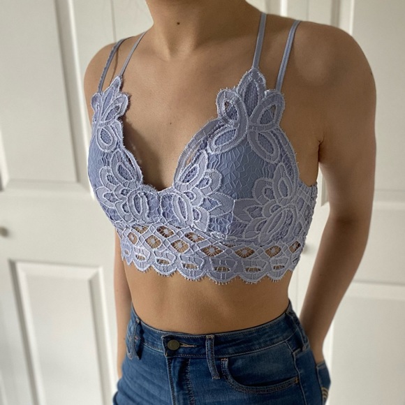 LACEY - Brunnera Purple Blue V Neck Criss Cross Back Lace Bralette - Picture 3 of 8
